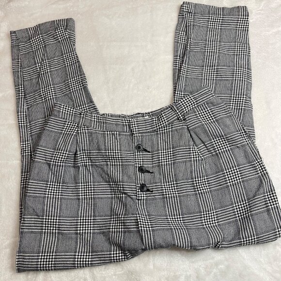 MANGO High Rise Pants Women's Size Medium 100% Cotton Ankle Black‎ White Plaid - Picture 13 of 13